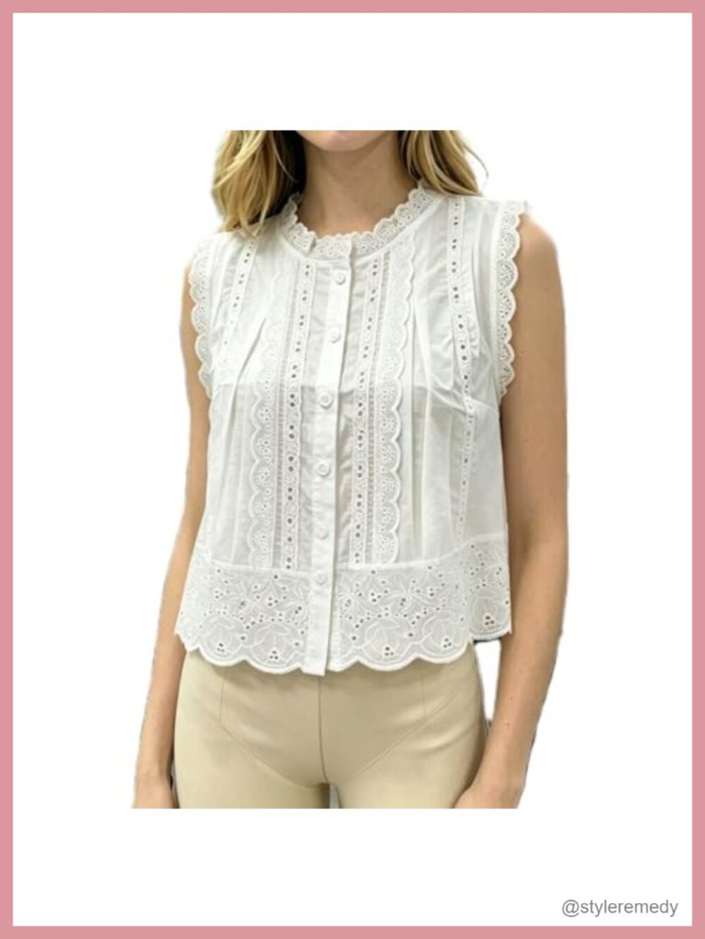 Eyelet Lace Sleeveless Top Button Down Cropped Blouse